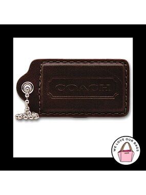 RARE 3" XL COACH Chocolate Brown Leather Nickel Fob Bag Charm Keychain Hang Tag